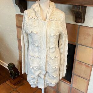 MM Couture Cream Cable Knit Faux Fur Lined Snap Closure Hoodie Sweater Coat, S!